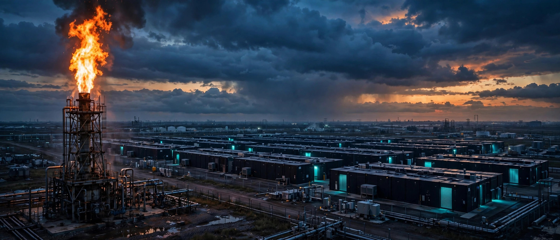 Gas flare stack beside rows of modular data center containers at dusk